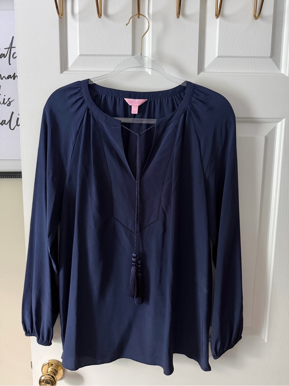Lilly Pulitzer Women’s Navy Peasant Blouse with Tassel Tie